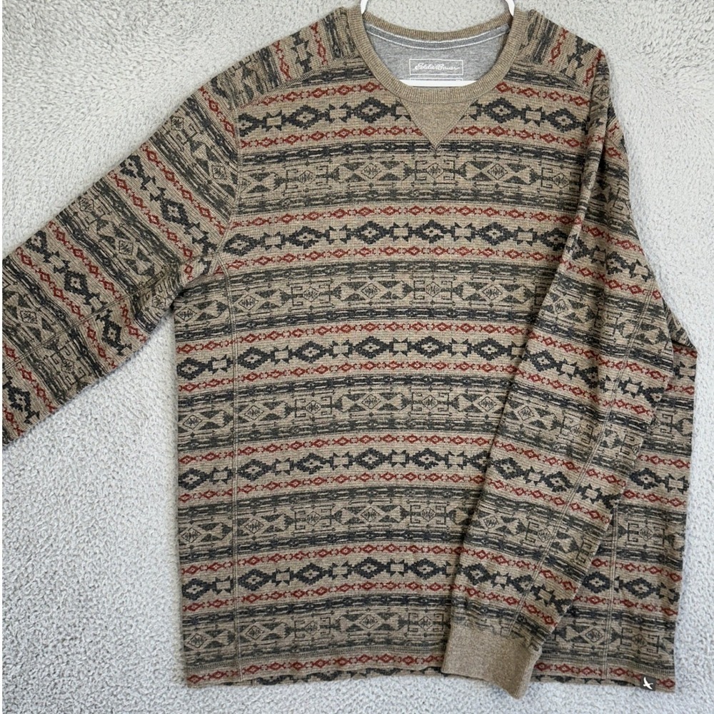 Eddie Bauer Sweater‎ Mens XLT Tall Tan Aztec Thermal Waffle Knit Pullover Casual